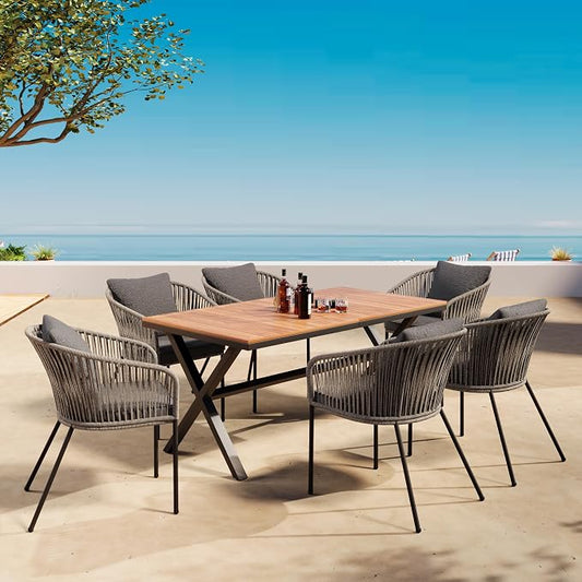 Modern 7 Pieces Patio Dining Set,Dining Table and Chairs, Acacia Wood Tabletop, Metal Frame,Outdoor Furniture Set for Garden, Backyard, Balcony