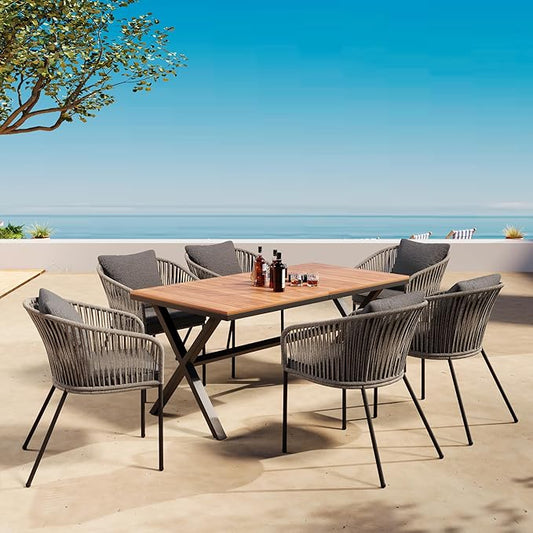7 PC Patio Dining Set with Table and 6 Chairs Grey | All-Weather Outdoor Furniture with Acacia Wood Tabletop & Metal Frame, for Garden, Backyard, or Balcony