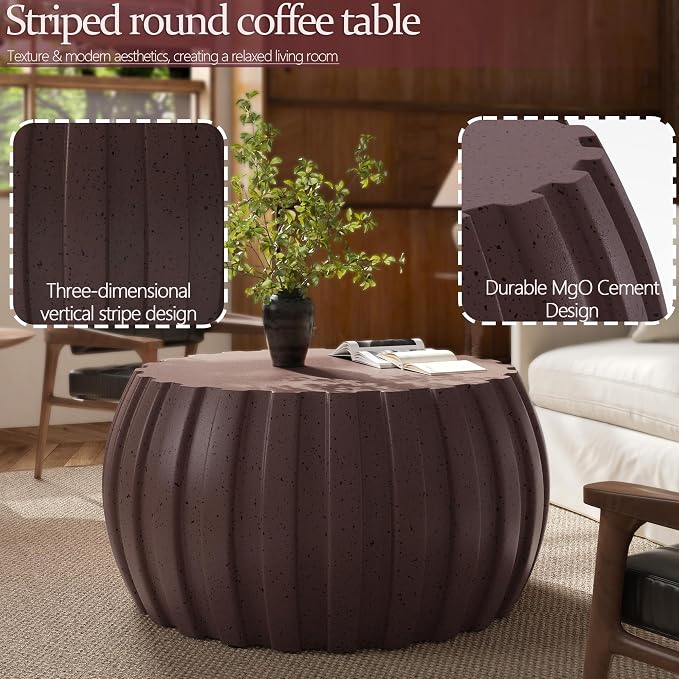 35.43" Indoor Round Coffee Table, Waterproof Coffee Table Modern MgO Cement Design End Tables for Living Room, Outdoor Patio Coffee Tables for Garden, Backyard, Balcony, Brown