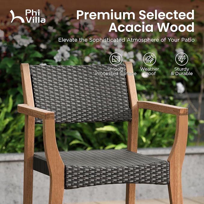 PHI VILLA Patio Acacia Wood Dining Chairs w/Wicker Back & Seat, 2PCS | Teak farmhouse armchairs for outdoor deck, porch, backyard