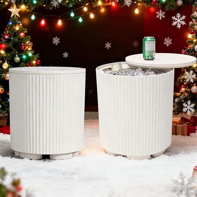 Outdoor Cooler Side Table Set of 2, 2-in-1 Ice Chest Cool Side Table with Storage, Removable Lid, Patio Cooler Table for Poolside, Deck, Beach,White