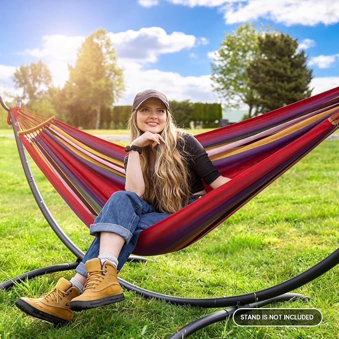 SUNCREAT Hammocks Outdoor Camping Double Hammock with Spreader Bar, Carrying Bag, Backyard Hammock for Outside, Red & Yellow