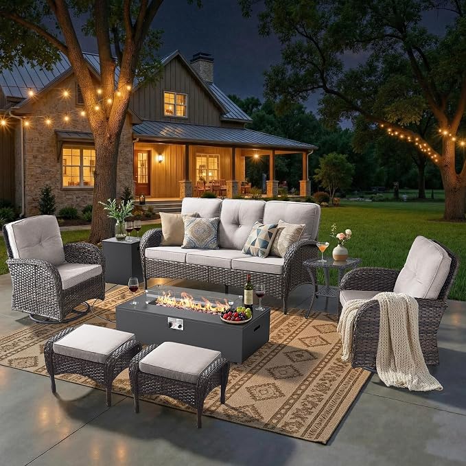 HUMMUH Luxury Patio Furniture Set with High Back Swivel Rocker Chairs & 3 Seater-Couch & Steel Fire Pit Table & Ottomans 7 Pieces Outdoor Conversation Set for Porch,Deck,Backyard