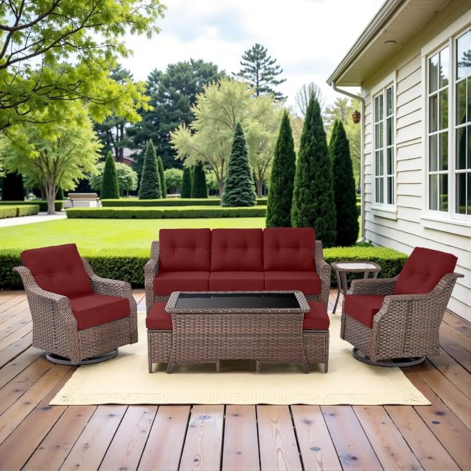 Belord Luxury 6-inch Thick Cushion Patio Furniture Set - Outdoor Swivel Rocker Glider Chairs Set of 4 with Glass Top Side Table, All-Weather Wicker Patio Conversation Set for Deck Balcony Sunroom