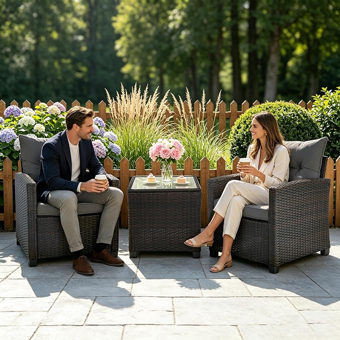 SHGJ&SOFT 3 Pieces Patio Furniture Set, Outdoor Conversation Set with Cushions, PE Rattan Wicker Bistro Set and Tempered Glass Tabletop, Outdoor Rattan Sofa for Poolside,Porch,Balcony (Grey)