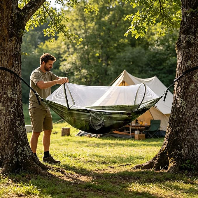 Heavy Duty Hammock with Mosquito Net–Canvas Hammock, Fade-Resistant Cotton Lounger, Roll-Free Comfort Design, Easy Setup for Backyard, Porch, Garden, Camping, Travel (Camouflage)