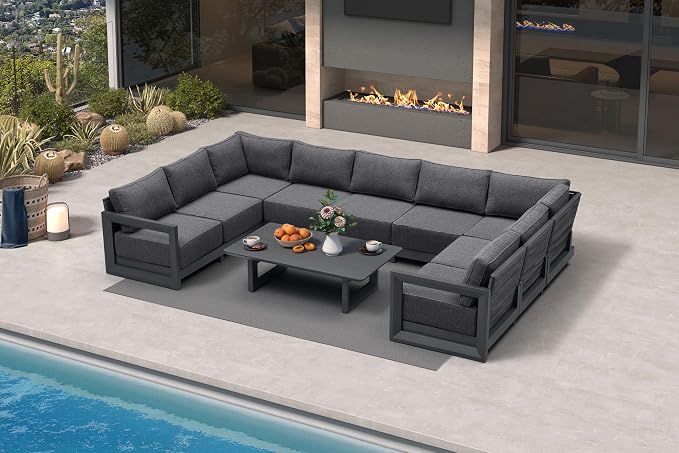 PURPLE LEAF Patio Furniture Set U-Shaped Outdoor Couch with 9.6" Thick Cushion and Soft Pillows 10 Piece Outdoor Sectional Sofas with Table Modern Outdoor Conversation Sets for Yard Porch Deck, Grey