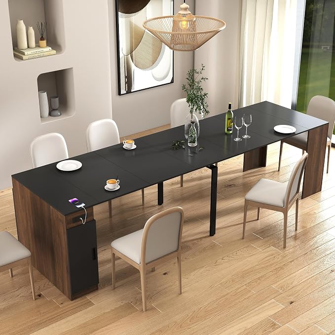 23.62”-118.11” Extendable Dining Room Table, 1-10 People Wood Long Foldable Tables with Storage Cabinet & Outlet, Space Saving Expanding Table with for Kitchen, Living Room, Walnut Black