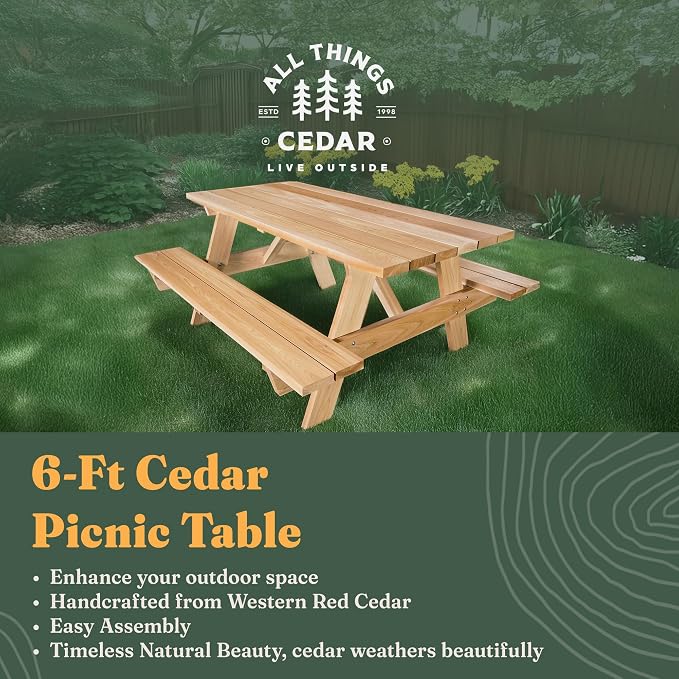 All Things Cedar 6-Ft Outdoor Picnic Table, Handcrafted Wooden Patio Bench Set, Rustic Cedar