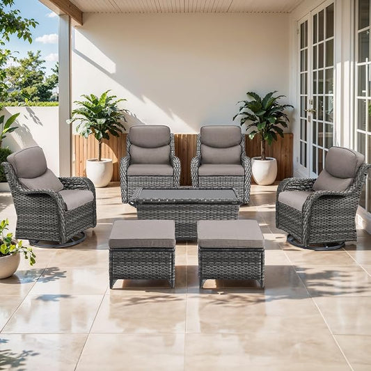 Outdoor Swivel Rocker Patio Chairs Set of 4 with Ottoman Coffee Table - 5" Thick Cushion 7 Piece Furniture Set All Weather Comfortable Wicker Conversation Set for Porch Deck - Gray/Gray