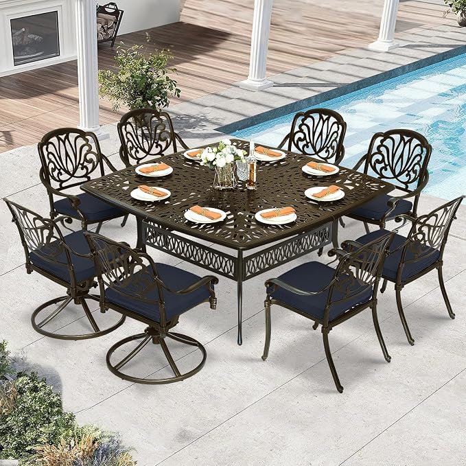 9 Piece Outdoor Patio Dining Set for 8, Cast Aluminium Large Square Dining Table & 2 Swivel Rocker Chairs, 6 Stationary, 8 Cushions, Umbrella Hole, Patio Furniture Set for Garden, Navy Blue