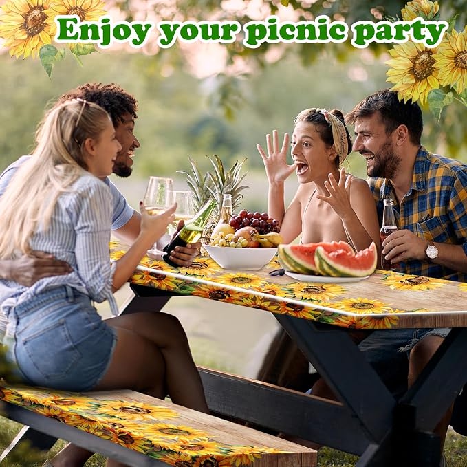 Boao 3 Pcs Vinyl Picnic Table Cover with Bench Cover 6 ft 30 x 72 Inch Waterproof Fitted Tablecloth Flannel Backing Rectangular Elastic Edged for Camping Outdoor Patio Travel(Retro Sunflower)