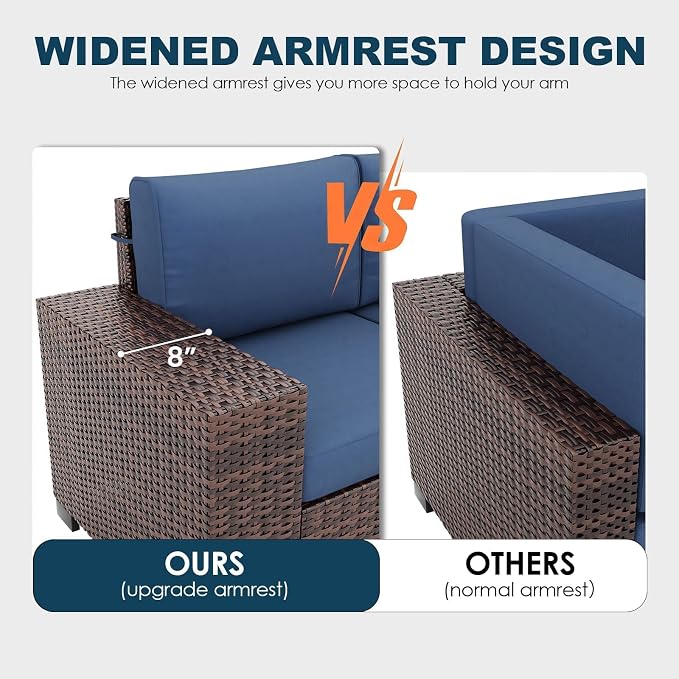 5 Piece Patio with Fire Pit Table, Wide Armrest Modular Outdoor Conversation Brown PE Wicker Rattan Sectional Sofa, 4" Thickened Cushion, Navy Blue