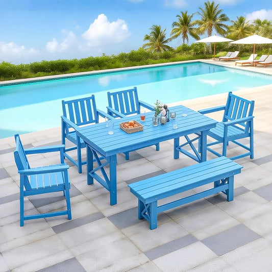Outdoor HDPE Dining Table Set, 6-Piece Outdoor Patio Dining Sets with Umbrella Hole Table and 1 Bench and 4 Chairs for Backyard, Deck, Garden and Poolside, Blue