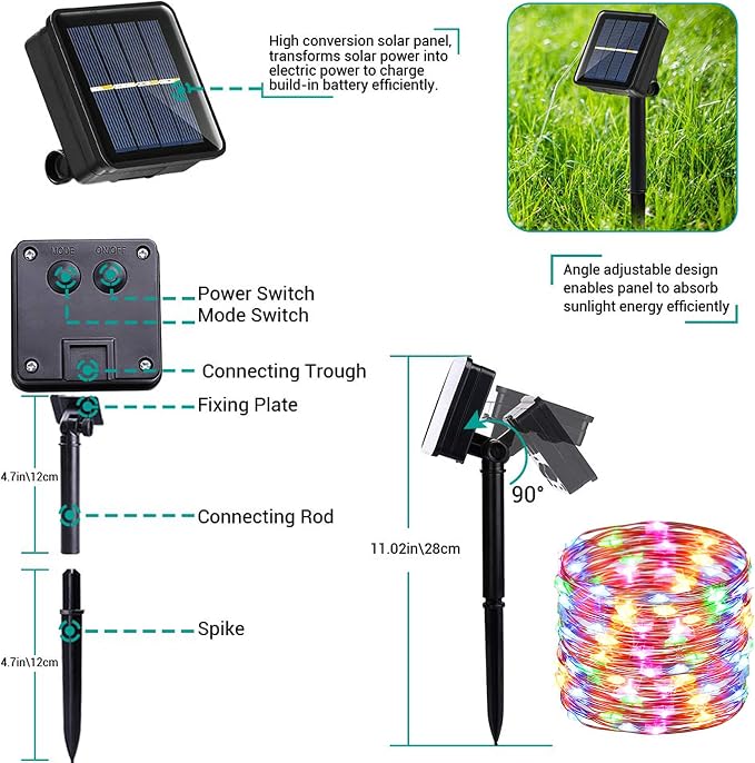 Joomer Solar Fairy Lights, 4Pack Total 104FT 320LED Lights, Multicolor | Silver Wire, Solar String Light Waterproof 8 Lighting Modes for Patio Fence Party Garden Yard Home Outdoor Decoration