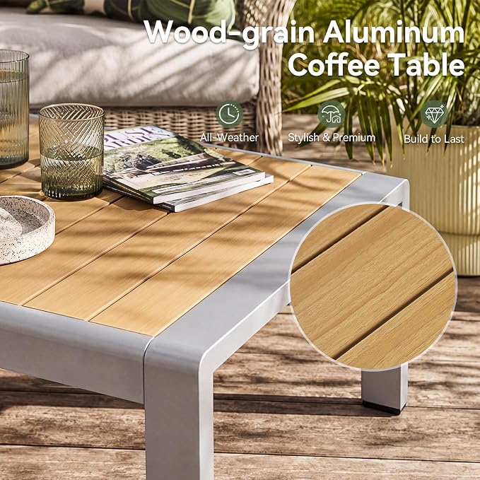 Aoxun Outdoor Aluminum Coffee Table for Patio Furniture Set, Rectangle Outdoor Coffee Table, All-Weather Patio Metal Coffee Table for Balcony, Garden, Deck, Backyard, Dark Grey