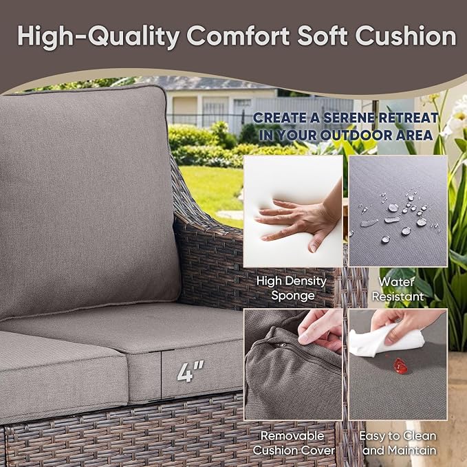 Outdoor Patio Furniture Set-Rattan Wicker Coversation Set with High Back Couch Swivel Glider Chair with Ottomans Outdoor Furniture for Porch Garden Backyard Poolside-Brown/Grey