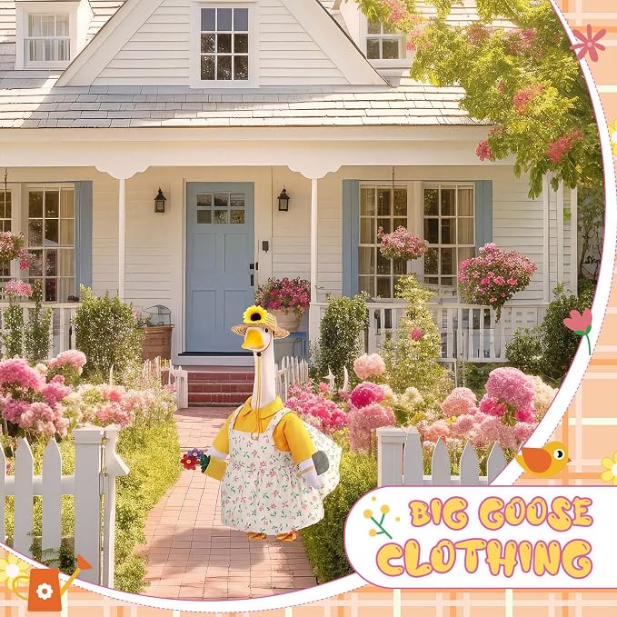 FuWeave Summer Goose Outfit Flower Porch Goose Clothes for 17" Statue Outdoor Patio Yard Lawn Art Decoration (Floral Overalls)