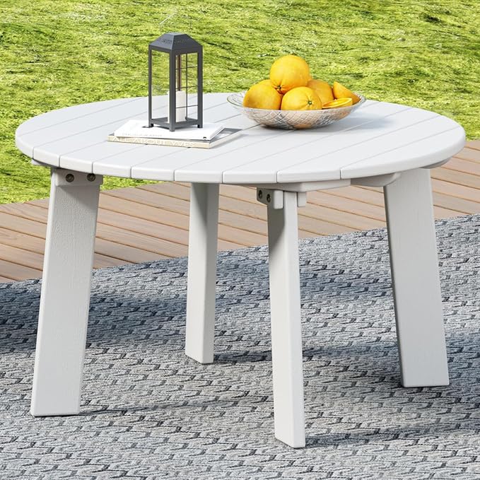 31.5" Outdoor Round Coffee Table, Adirondack Patio Coffee Table, Outdoor Large Side Table for Balcony Lawn (White)