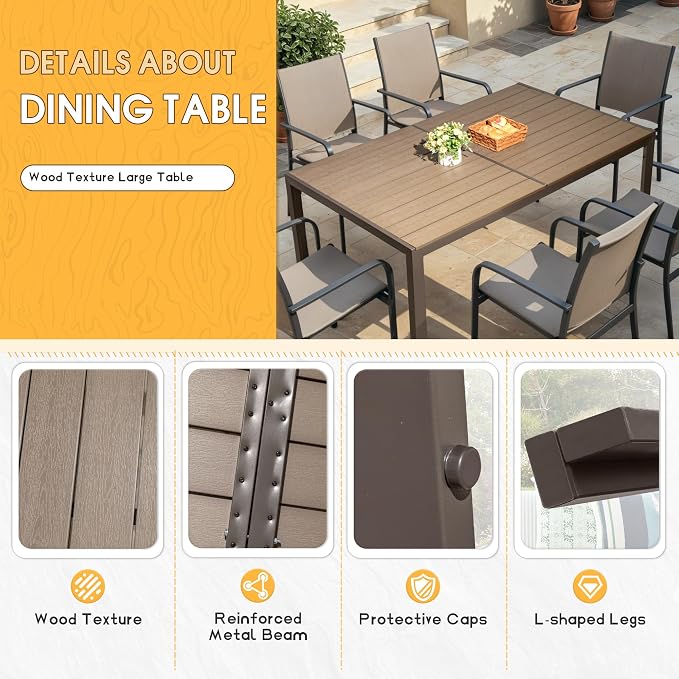 Homall Outdoor Table 59" x 35" Dining Table Set for 6 Wood Texture Patio Table for Deck, Garden, Backyard