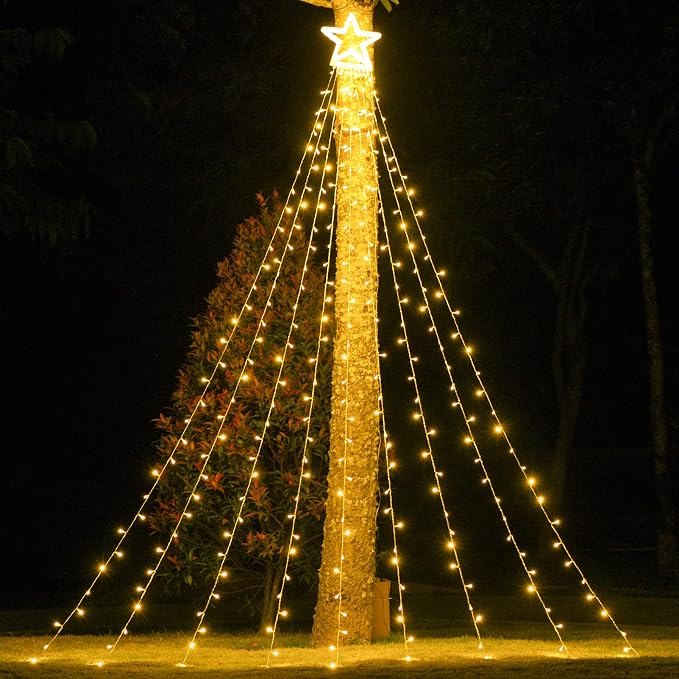 Christmas Decorations, Outdoor Christmas Lights, 320 LED Outdoor Christmas Tree String Lights with 12" Star Toppers [8 Modes& Waterproof] for Xmas New Year Holiday Decor (Warm White)