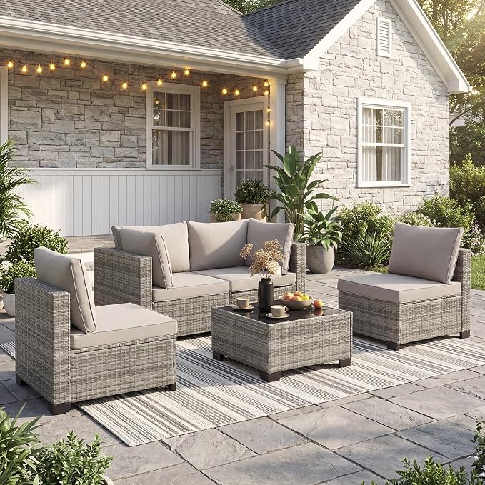 ANJ 5 Piece Outdoor Wicker Patio Furniture Set, Modular Loveseat Sofa with with Glass Top Coffee Table, All-Weather Rattan Conversation Couch Set for Balcony, Backyard, Light Grey Wicker-Grey