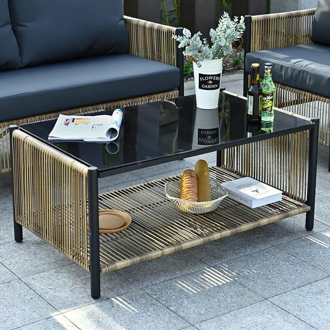 6 Pieces Aluminum Outdoor Patio Furniture Set - 4 Pcs Armchair, Loveseat & Dual-Layer Coffee Table - Rope Sectional Conversation Sofa Sets with Washable Thick Cushion for Garden Backyard Porch