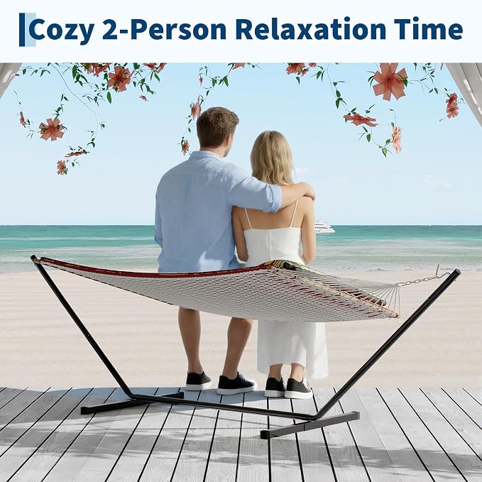 2 Person 12FT Hammocks for Outside, Double Quilted Fabric Outdoor Hammock with Spreader Bar, Large Removable Pillow, Storage Pockets, Carabiners, Max 450 Lbs Capacity