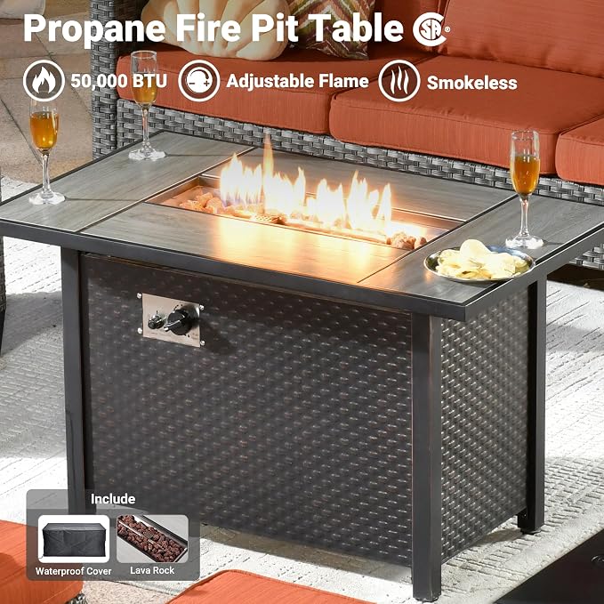ovios 6 Pieces Patio Furniture Set with Fire Pit Table, Outdoor Wicker 3-Seat Sofa with Comfy Cushion, High Back Rattan Conversation Set for Deck Porch, Orange Red