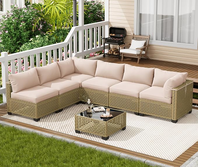 LOUVIXA 7 Piece Outdoor Patio Furniture Set, Outdoor Sectional Sofa, Wicker Rattan Patio Furniture, Patio Conversation Set with Coffee Table & Cushions