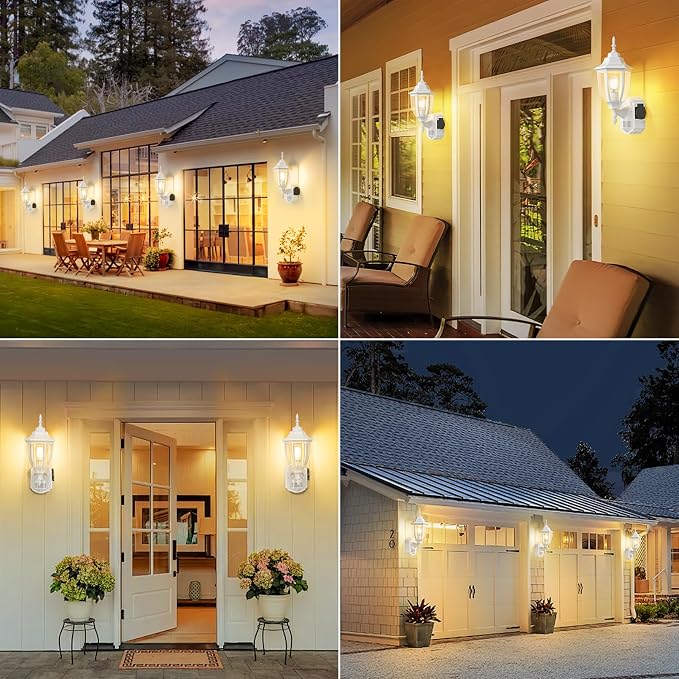 2 Pack Porch Lights with Outlet, Motion Sensor Outdoor Lights, Updated Dusk to Dawn Exterior Lighting Fixtures, Waterproof Anti-Rust Aluminum Outside Light for House Entryway Garage, White
