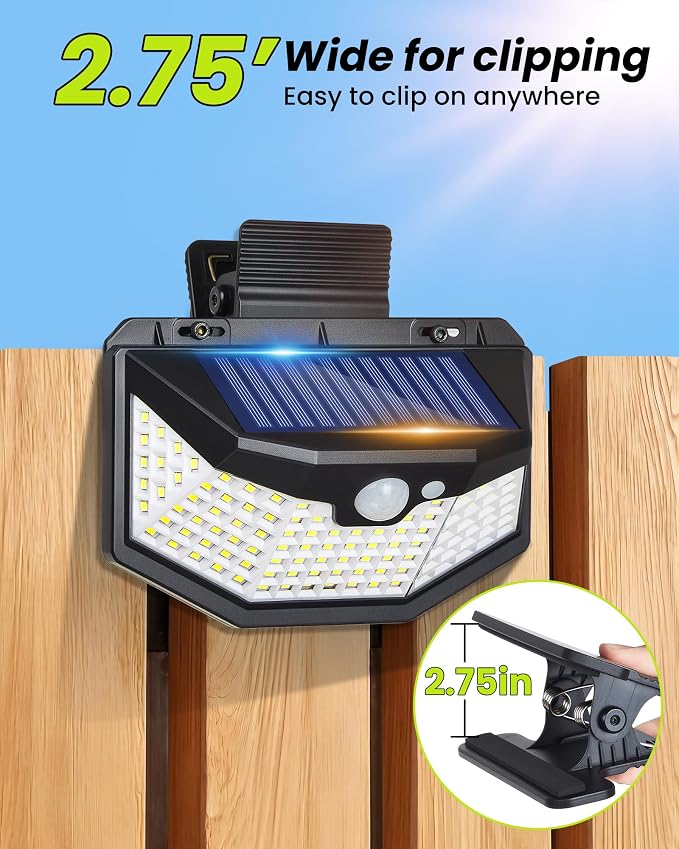 Clip on Solar Lights Outdoor with Motion Sensor, 800LM & 270° Wide Angle Solar Fence Lights Outdoor Waterproof with 115 LEDs, 3 Modes & Portable Security Lights for Chain Link Patio Deck Yard (2Pack)