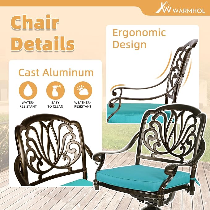 9-Piece Patio Furniture Dining Set, Cast Aluminum Outdoor Conversation Set- 61" Round Patio Dining Table with Detachable Lazy Susan & 8 Cushioned Swivel Rocker, Umbrella Hole, Ocean Blue