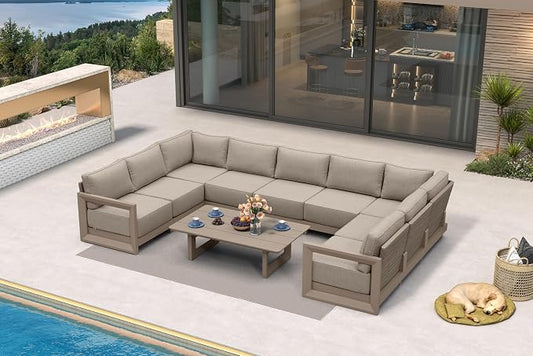 PURPLE LEAF Patio Furniture Set U-Shaped Outdoor Couch with 9.6" Thick Cushion and Soft Pillows 10 Piece Outdoor Sectional Sofas with Table Modern Outdoor Conversation Sets for Yard Porch Deck, Khaki