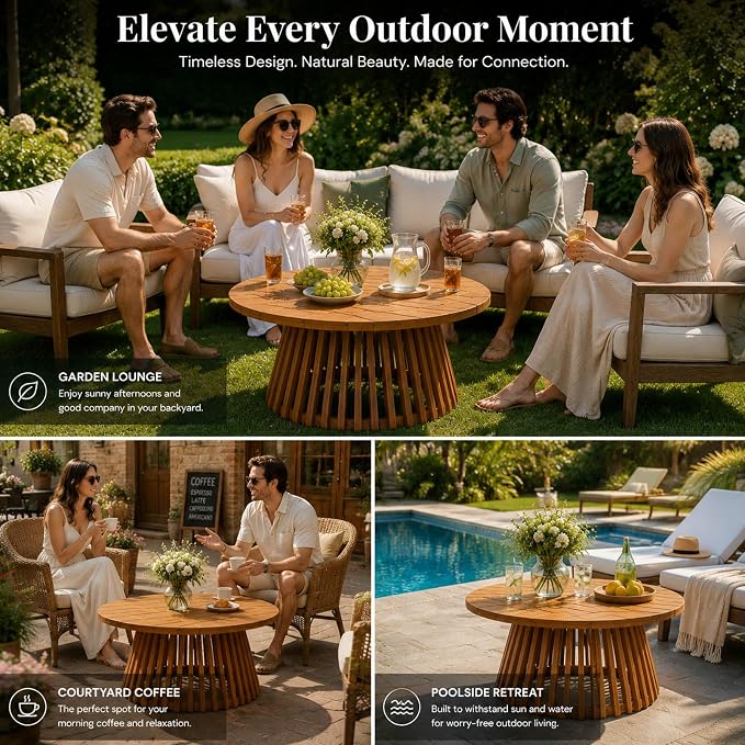 Round Outdoor Coffee Table for Patio, 31.5 Inch Acacia Wood Side Table with Slatted Pedestal Base, Farmhouse Outside Coffee Table for Garden, Balcony, Poolside, Porch, Weather-Resistant, Teak