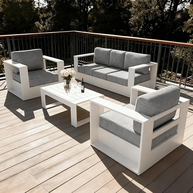 LayinSun Oversized Aluminum Outdoor Furniture Set, 4 Piece Patio Sofa Sets with Coffee Table, Deep Seating and Upgraded 6-inch Cushions for Porch, Balcony, Deck