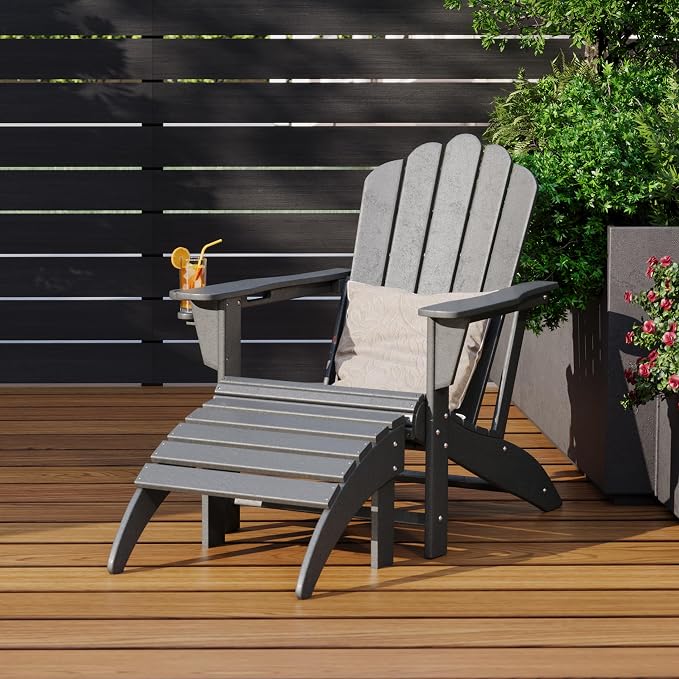Costaelm Lakeview 2-Piece Outdoor Patio HDPE Adirondack Chair with Ottoman and Cup Holder Set, Gray