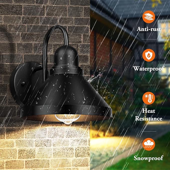 Gooseneck Outdoor Light Fixtures, 2-Pack Farmhouse Barn Lights for Porch, Industrial Black Exterior Wall Sconce for Garage, Patio, E26 Base Anti-Rust, Bulb not Included