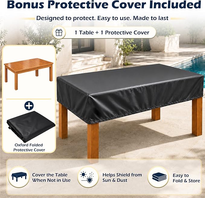 Outdoor Teak Coffee Table, 48" Wooden Patio Coffee Table with Protective Cover, Solid Teak Outdoor Coffee Table for Patio, Garden, Poolside, Balcony and Backyard