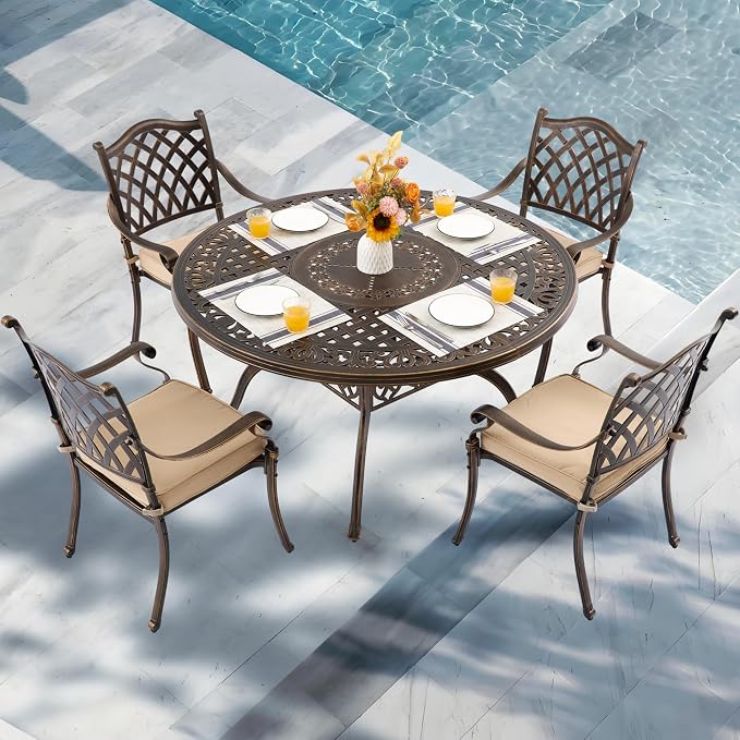 5-Piece Cast Aluminum Outdoor Table and Chairs, Classic Vintage Patio Dining Set for 4 Include 54.5" Round Dining Table and 4 Chairs with Removable Cushion and Umbrella Hole