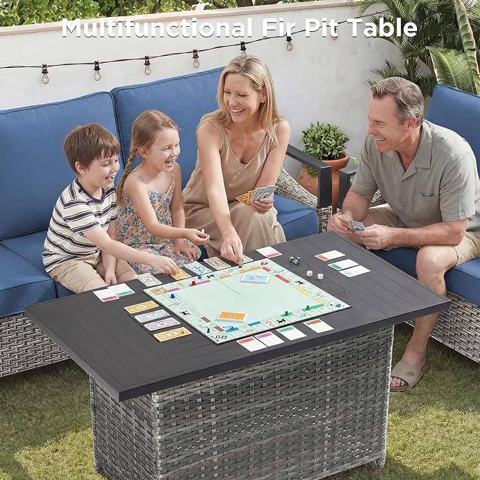 Patio Furniture Set with 42.5" Fire Pit Table-7 Pieces All Weather Wicker Outdoor Furniture with High Back Swivel Patio Chairs Set of 2 Outdoor Patio Conversation for Deck Garden Blue/Gray
