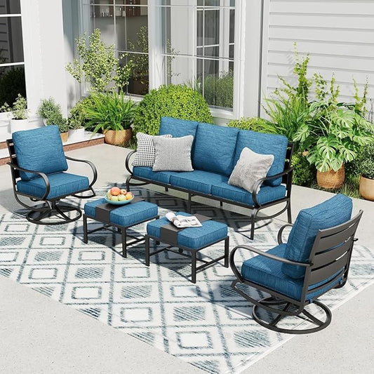 Sophia & William Patio Furniture Sets for 5 Outdoor Metal Conversation Sets 5 Pcs with 2 x Cushioned Swivel Sofa Chairs, 2 x Ottomans as Coffee Table, 1 x 3-Seat Sofa, Backyard Poolside Peacock Blue