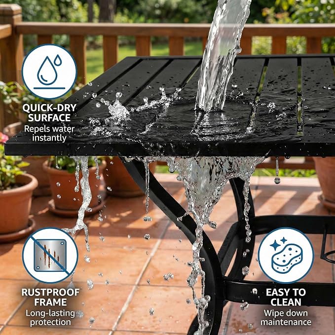 Majnesvon 37" Outdoor Dining Table, Square Patio Table with Umbrella Hole, Metal Steel Slat Outdoor Table, All-Weather Steel Patio Dining Table, for Lawn, Garden, Backyard, Bistro, Black