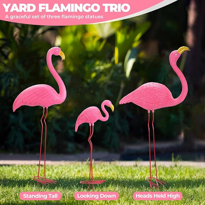 Ohuhu Family Flamingo Yard Ornaments, Set of 3 (32", 31", 19"), Pink | Metal Feet Stakes Bright Pink Flamingos Family, Garden Yard Patio Decoration, Great Party Decor Outdoor Gift