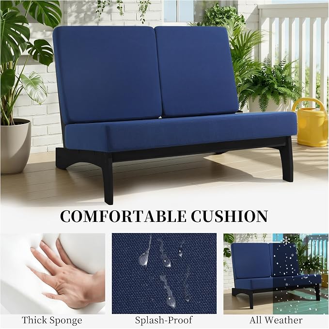 7 Pieces All Weather Black Wood Patio Furniture Sets, 2 Patio Loveseat, 4 Patio Bistro Chair, Outdoor Sectional Sofa Furniture Backyard Conversation Set with Coffee Table - Navy