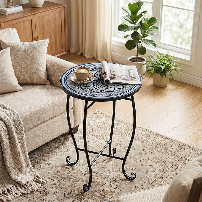 Giantex Outdoor Side Table, Blooming Lotus Mosaic Patio Accent Table, 14" Coffee End Table, Indoor Outdoor Metal Plant Stand for Porch Garden Balcony Desk