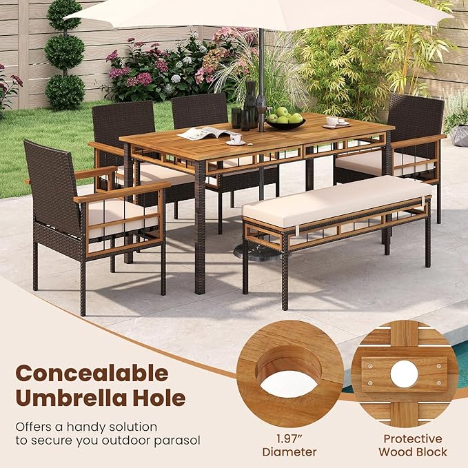 Tangkula 63-Inch Outdoor Dining Table for 6, Rectangular PE Rattan Patio Table with Acacia Wood Slatted Tabletop, 1.97" Umbrella Hole & Metal Frame, Outside Dining Furniture for Backyard, Garden, Deck