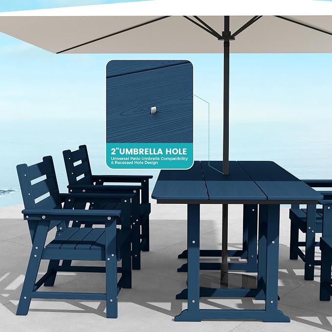 7-Piece Dining Set, HDPE Table & 6 Chairs, Navy Blue | HDPE Dining Set: 69.1" Table + 6 Chairs, 380 lbs, 304 Stainless, All-Weather, No Rust No Crack, Outdoor Patio Garden
