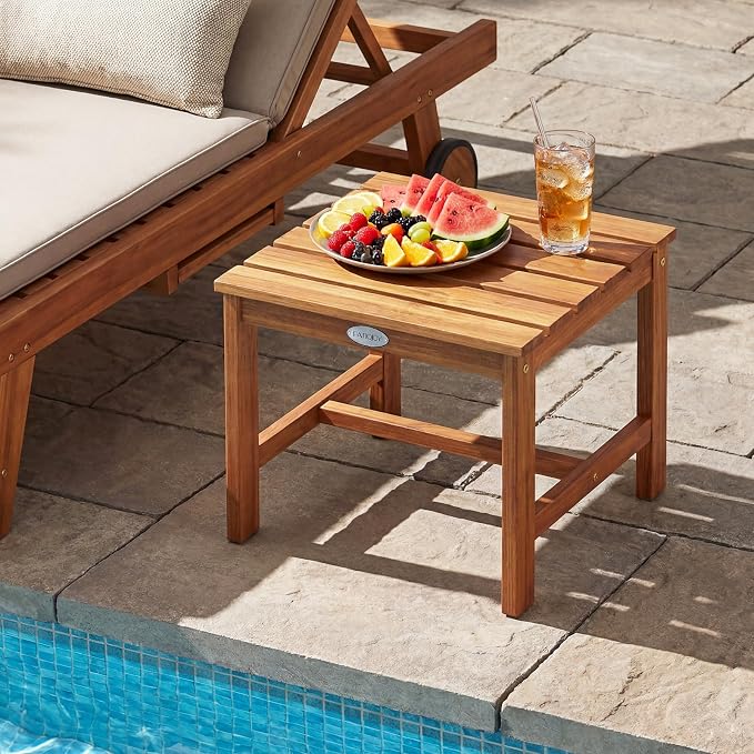 Tangkula Patio Acacia Wood Side Table, 17" Square End Table with Slatted Tabletop, Outdoor Wooden Accent Bistro Table for Backyard, Poolside, Garden, Porch, Indoor (Natural,1)
