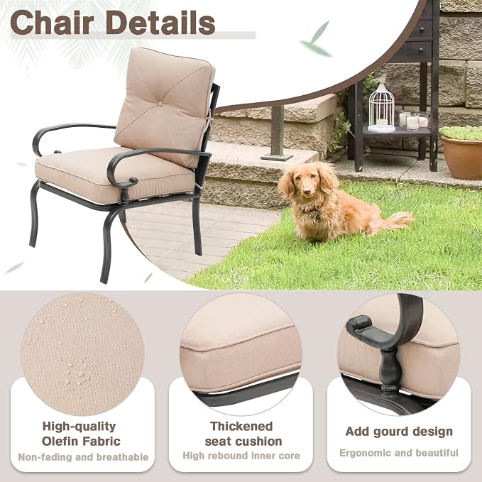 SUNCROWN 4 Pieces Outdoor Metal Furniture Patio Conversation Set Loveseat, 2 Dining Chairs and Coffee Table for Lawn Front Porch Garden, Brown Cushions